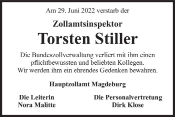 Traueranzeige von Torsten Stiller  von Magdeburger Volksstimme