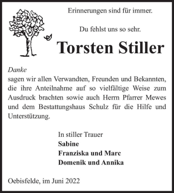 Traueranzeige von Torsten Stiller  von Magdeburger Volksstimme