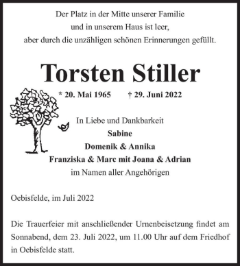 Traueranzeige von Torsten Stiller  von Magdeburger Volksstimme