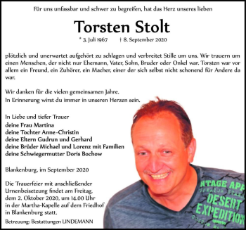 Traueranzeige von Torsten Stolt  von Magdeburger Volksstimme