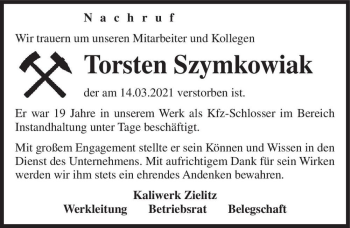Traueranzeige von Torsten Szymkowiak  von Magdeburger Volksstimme
