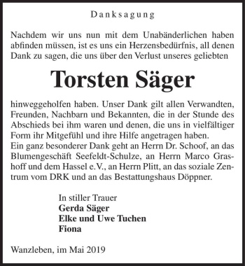 Traueranzeige von Torsten Säger  von Magdeburger Volksstimme