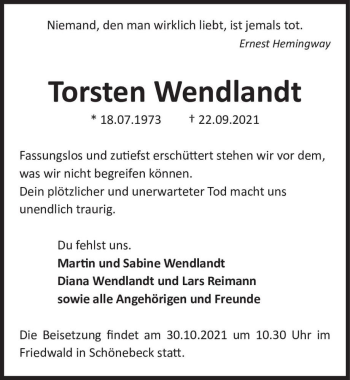 Traueranzeige von Torsten Wendlandt  von Magdeburger Volksstimme