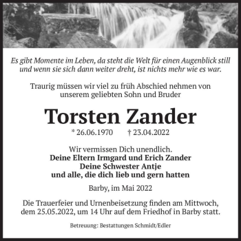 Traueranzeige von Torsten Zander  von Magdeburger Volksstimme