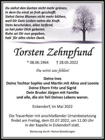 Traueranzeige von Torsten Zehnpfund  von Magdeburger Volksstimme