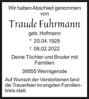 Traueranzeige von Traude Fuhrmann (geb.  Hofmann)  von Magdeburger Volksstimme