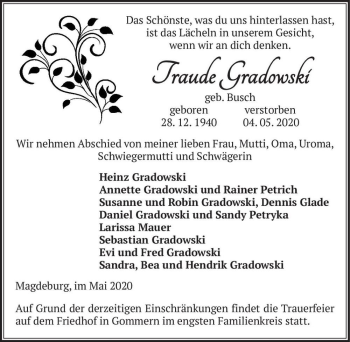 Traueranzeige von Traude Gradowski (geb. Busch)  von Magdeburger Volksstimme