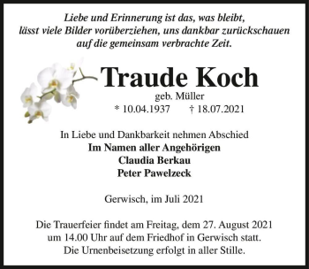 Traueranzeige von Traude Koch (geb. Müller)  von Magdeburger Volksstimme