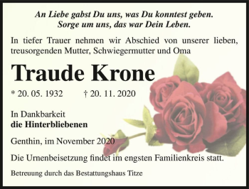 Traueranzeige von Traude Krone  von Magdeburger Volksstimme