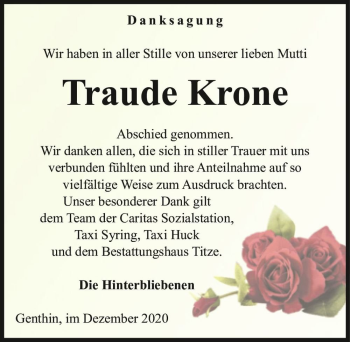 Traueranzeige von Traude Krone  von Magdeburger Volksstimme