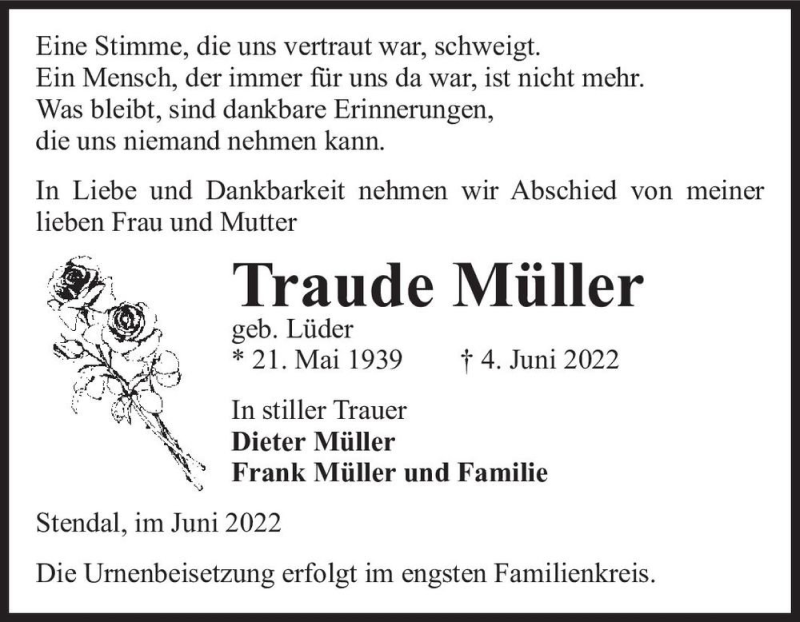  Traueranzeige für Traude Müller (geb. Lüder)  vom 11.06.2022 aus Magdeburger Volksstimme