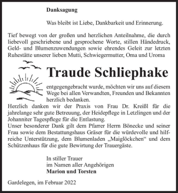 Traueranzeige von Traude Schliephake  von Magdeburger Volksstimme