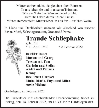 Traueranzeige von Traude Schliephake (geb. Pilz)  von Magdeburger Volksstimme