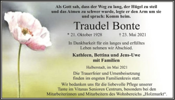 Traueranzeige von Traudel Bonte  von Magdeburger Volksstimme