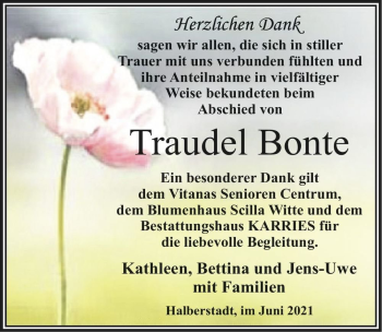 Traueranzeige von Traudel Bonte  von Magdeburger Volksstimme