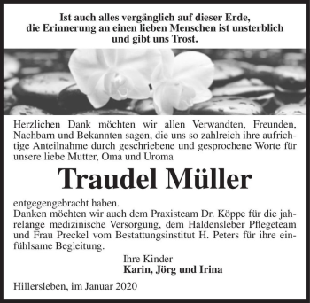 Traueranzeige von Traudel Müller  von Magdeburger Volksstimme