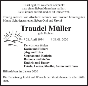 Traueranzeige von Traudel Müller (geb. Fechner)  von Magdeburger Volksstimme