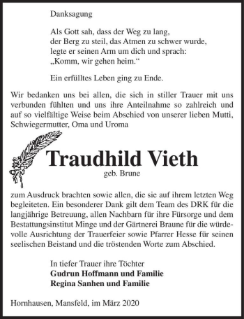 Traueranzeige von Traudhild Vieth (geb. Brune)  von Magdeburger Volksstimme