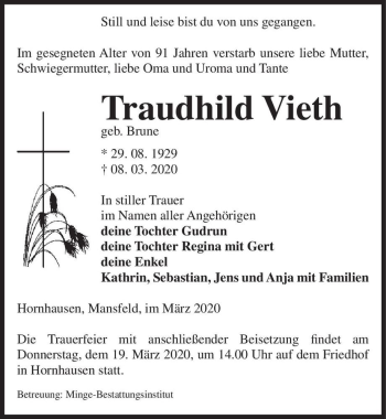 Traueranzeige von Traudhild Vieth (geb. Brune)  von Magdeburger Volksstimme