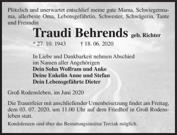 Traueranzeige von Traudi Behrends (geb. Richter)  von Magdeburger Volksstimme