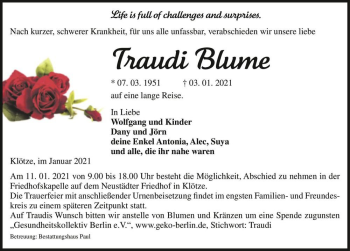 Traueranzeige von Traudi Blume  von Magdeburger Volksstimme