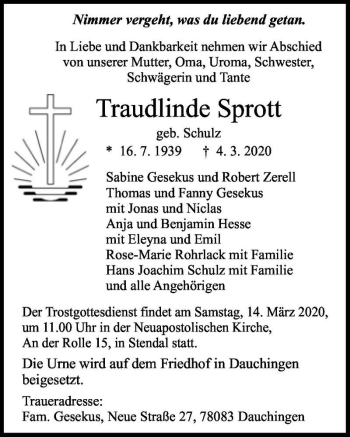 Traueranzeige von Traudlinde Sprott (geb. Schulz)  von Magdeburger Volksstimme