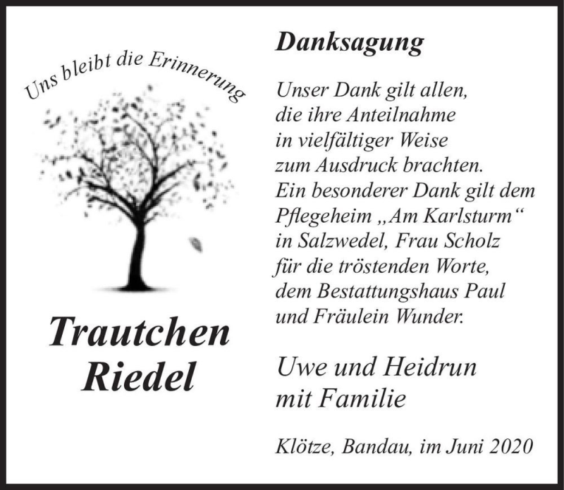  Traueranzeige für Trautchen Riedel  vom 04.07.2020 aus Magdeburger Volksstimme