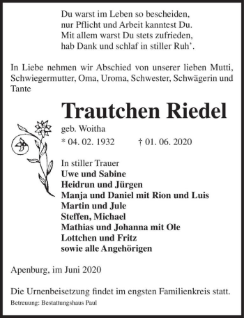 Traueranzeige von Trautchen Riedel (geb. Woitha)  von Magdeburger Volksstimme