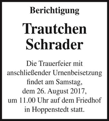 Traueranzeige von Trautchen Schrader  von Magdeburger Volksstimme