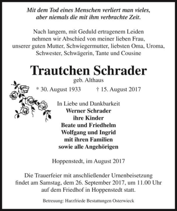 Traueranzeige von Trautchen Schrader (geb. Althaus)  von Magdeburger Volksstimme