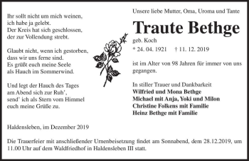 Traueranzeige von Traute Bethge (geb. Koch)  von Magdeburger Volksstimme