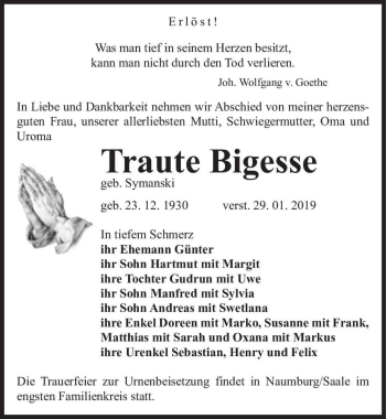 Traueranzeige von Traute Bigesse (geb. Symanski)  von Magdeburger Volksstimme