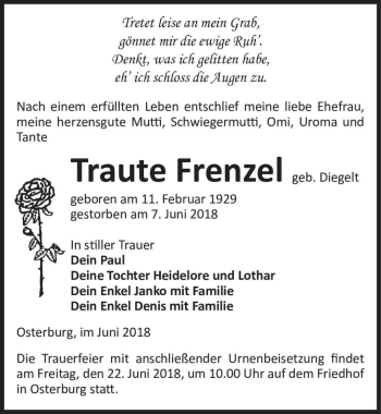 Traueranzeige von Traute Frenzel (geb. Diegelt)  von Magdeburger Volksstimme