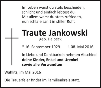 Traueranzeige von Traute Jankowski (geb. Halbeck)  von Magdeburger Volksstimme
