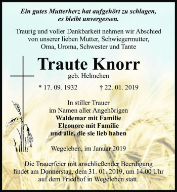 Traueranzeige von Traute Knorr (geb. Helmchen)  von Magdeburger Volksstimme
