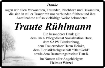 Traueranzeige von Traute Rühlmann  von Magdeburger Volksstimme