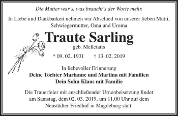 Traueranzeige von Traute Sarling (geb. Melletatis)  von Magdeburger Volksstimme