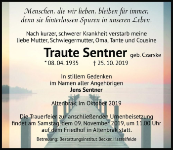 Traueranzeige von Traute Senter (geb. Czarske)  von Magdeburger Volksstimme