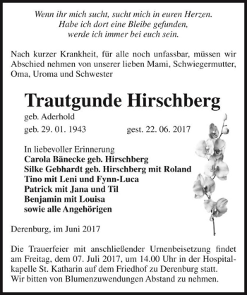 Traueranzeige von Trautgunde Hirschberg (geb. Aderhold)  von Magdeburger Volksstimme
