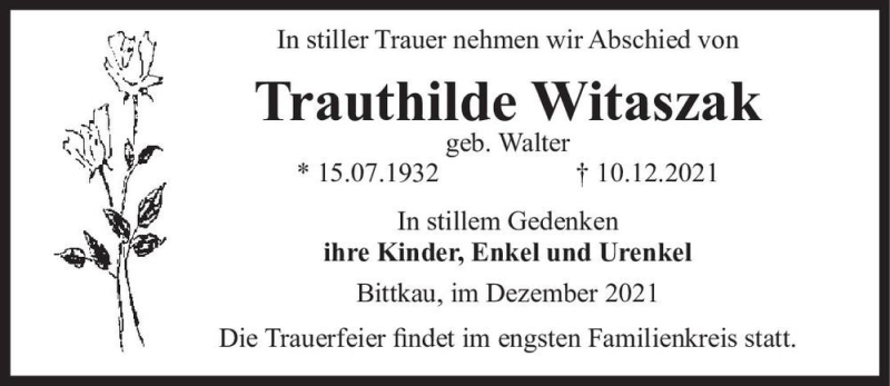  Traueranzeige für Trauthilde Witaszak (geb. Walter)  vom 18.12.2021 aus Magdeburger Volksstimme