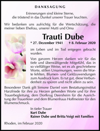 Traueranzeige von Trauti Dube  von Magdeburger Volksstimme