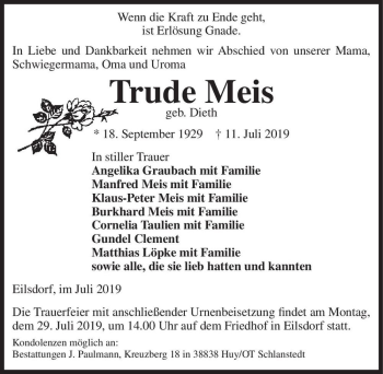 Traueranzeige von Trude Meis (geb. Dieth)  von Magdeburger Volksstimme