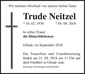 Traueranzeige von Trude Neitzel  von Magdeburger Volksstimme