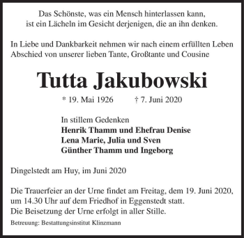 Traueranzeige von Tutta Jakubowski  von Magdeburger Volksstimme