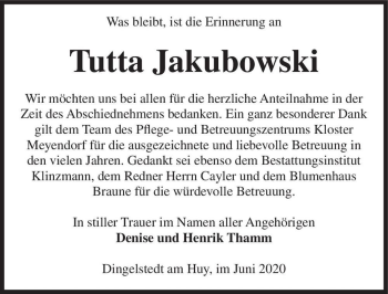 Traueranzeige von Tutta Jakubowski  von Magdeburger Volksstimme