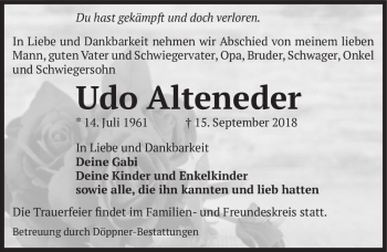 Traueranzeige von Udo Alteneder  von Magdeburger Volksstimme