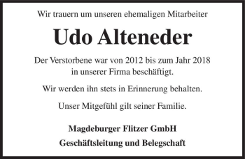 Traueranzeige von Udo Alteneder  von Magdeburger Volksstimme