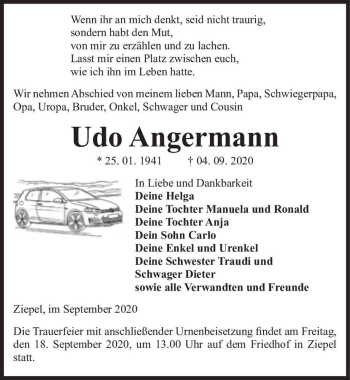 Traueranzeige von Udo Angermann  von Magdeburger Volksstimme
