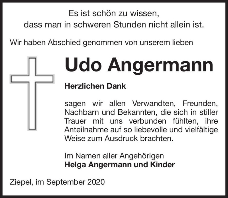  Traueranzeige für Udo Angermann  vom 26.09.2020 aus Magdeburger Volksstimme