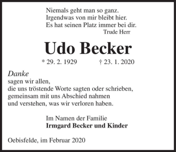 Traueranzeige von Udo Becker  von Magdeburger Volksstimme